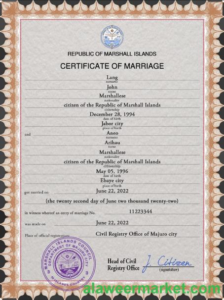 Marshall Islands marriage certificate PSD template
